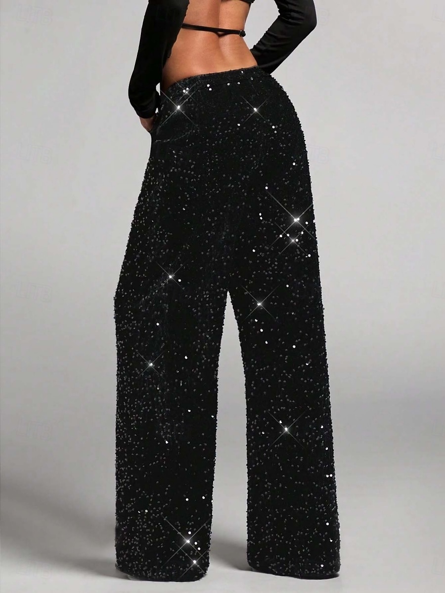 Mulheres Calças Calça casual Reto Moda Roupa de rua Básico Comprimento total Cintura Alta Tecido Paetês Bolsos Cintura elástica Confortável Micro-Elástica Diário Férias Festa Preto Azul Marinha Azul de 2026 por $44.99 –P5