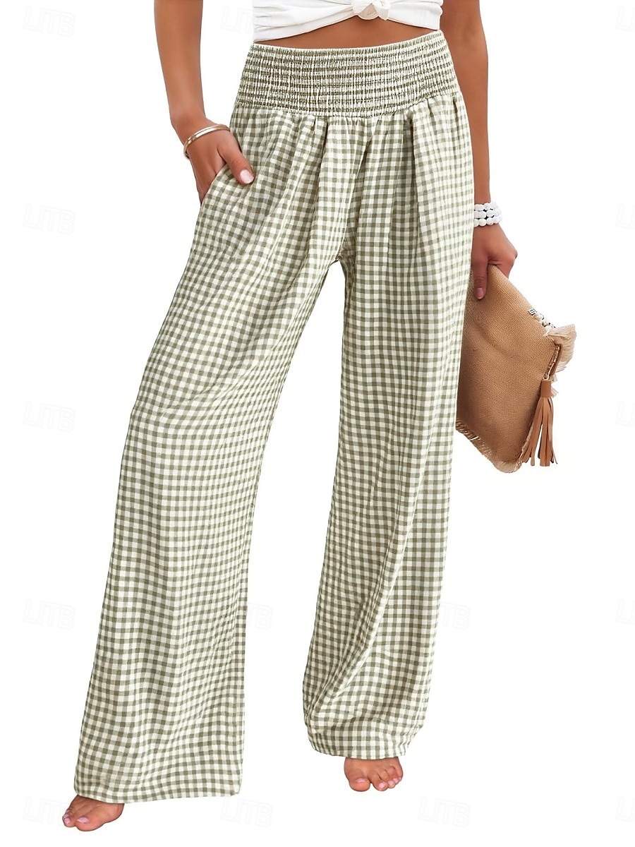 Women's Wide Leg Chinos Vacation Fashion Streetwear Full Length High Waist Plaid Pocket Elastic Waistband Printing Comfy Comfort Soft Stretchy Daily Outdoor Street Blue Black Yellow Pink Spring Fall 2026 - $27.99 –P18