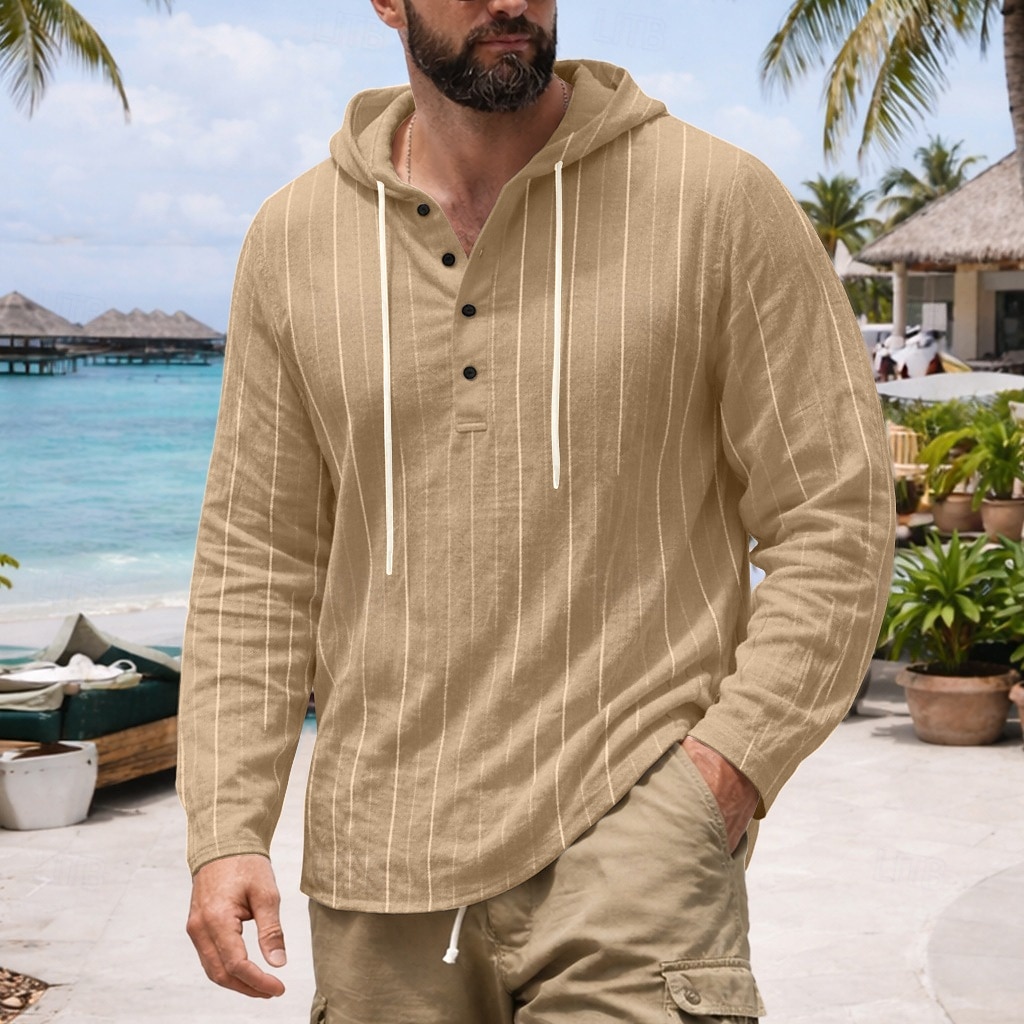 Per uomo Camicia Camicia di lino Camicia Estiva Abbigliamento da spiaggia Camicia con cappuccio Camicie a righe Tinta unica Casuale Vacanza Nero Bianco Blu marino Cachi Manica Lunga Felpa con del 2026 a $25.99 –P4