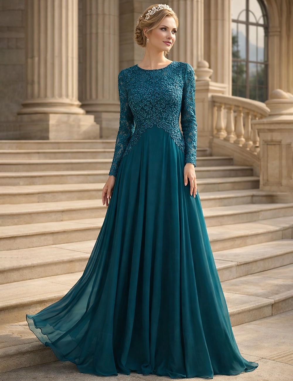 A-Linie Bodenlang Kleid für Hochzeitsgäste Abendkleid Brautmutterkleid Langarm Rundhalsausschnitt Elegant Party Formell Hochzeitsgast Formeller Abend Spitze mit Falten 2026 - $172.99 –P1