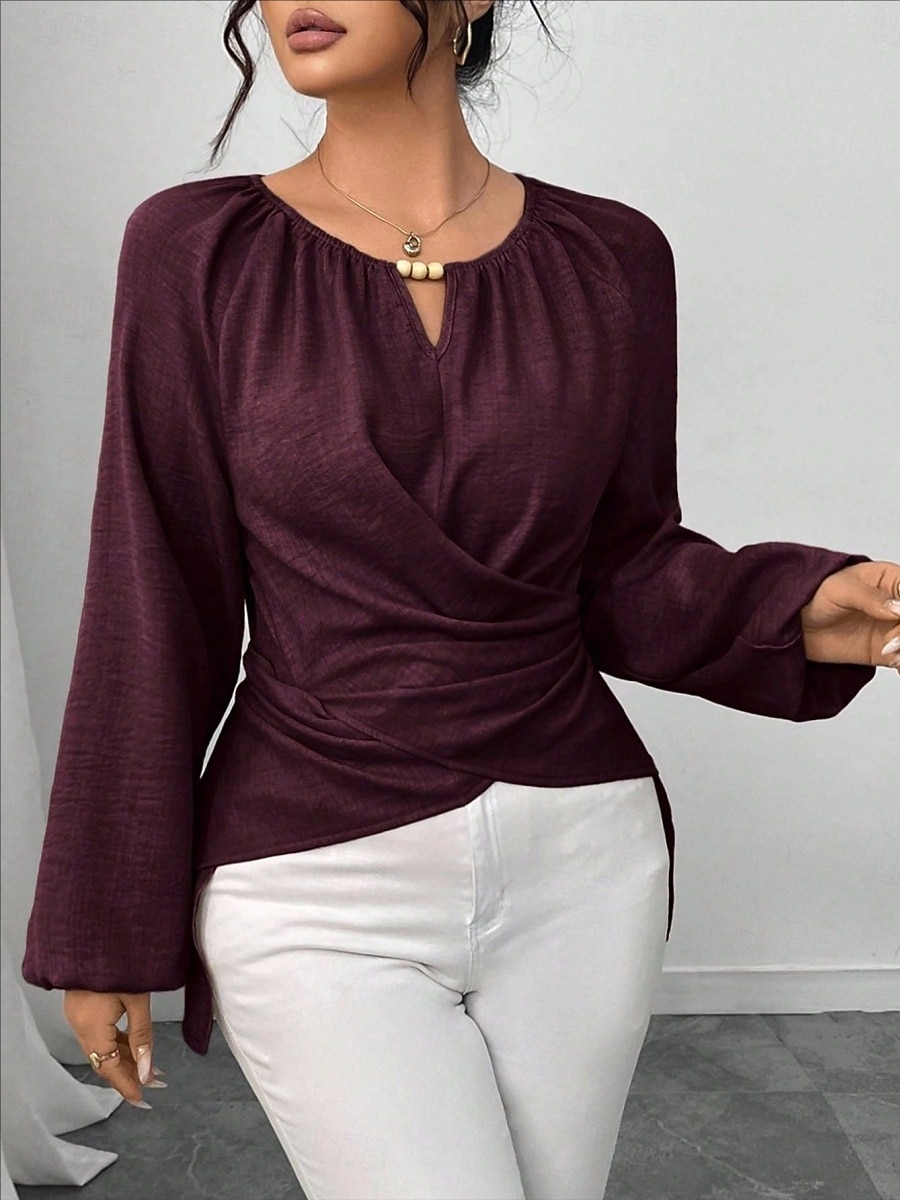 Women's Blouse Ruched Plain Elegant Stylish Basic Long Sleeve Crew Neck Regular Tops Daily Streetwear Black Pink Wine Green Khaki Spring Fall 2026 - $29.99 –P7