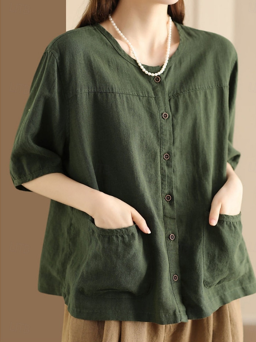 Women's Blouse Faux Linen Shirt Pocket Buttons Solid Color Daily Casual Half Sleeve Crew Neck Regular Tops Daily Black White Pink Brown Green Summer Spring 2026 - $21.99 –P7