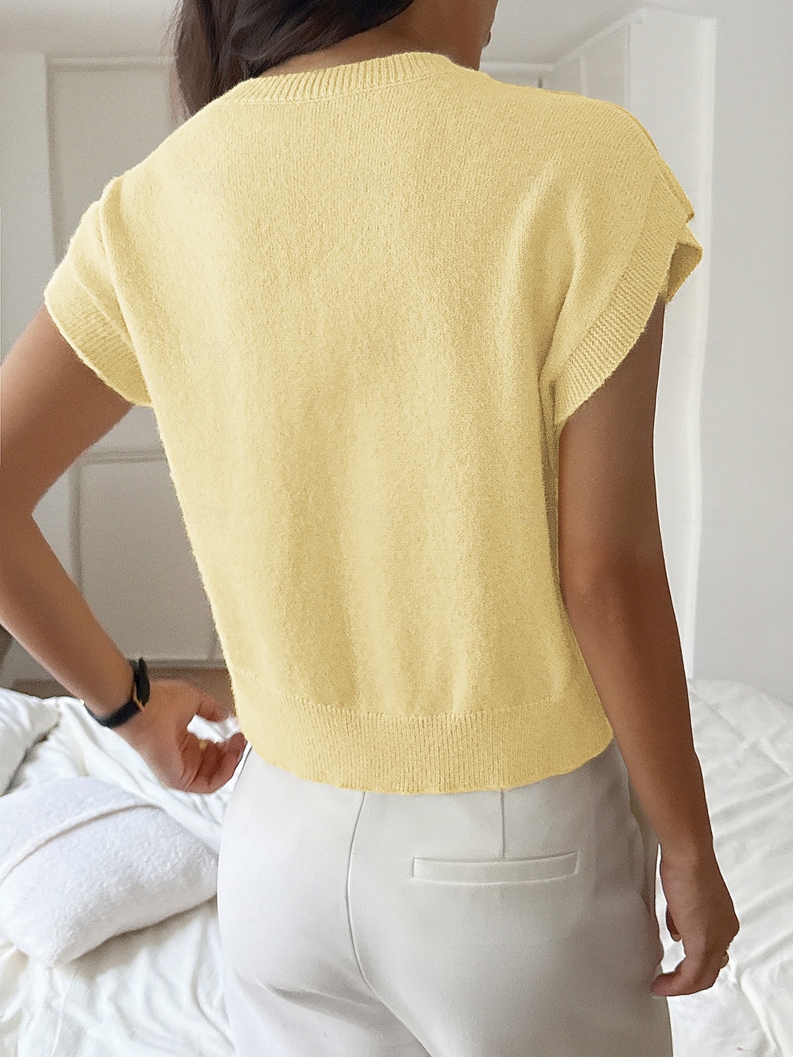 Women's Y2K Knit Tee Elastic Waist 3D Appliques Solid Color Floral Graphic Elegant Cute Stylish Short Sleeve Cap Sleeve V Neck Regular Tops Daily Going out Black Yellow Summer Spring Fall 2026 - $41.99 –P2