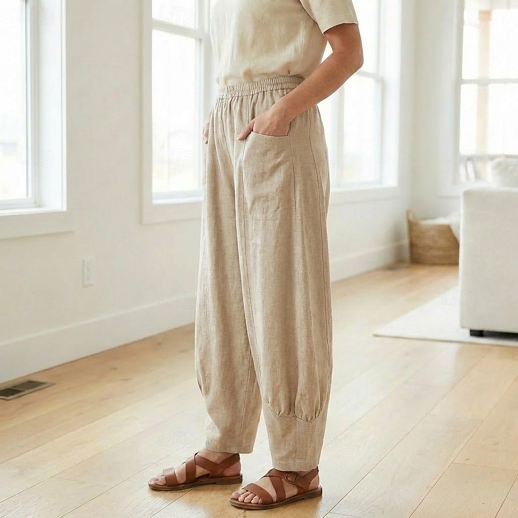 Damen-Leinenhose aus 70 % Leinen, weites Bein, Chino-Stil, Sommerhose, Urlaubshose, Streetwear, Basic, lange Länge, mittlere Bundhöhe, schlicht, Tasche, elastischer Bund, bequem, komfortabel, nicht elastisch, für Alltag, Outdoor, Straße, Bordeauxrot, Azur 2026 - $49.99 –P13