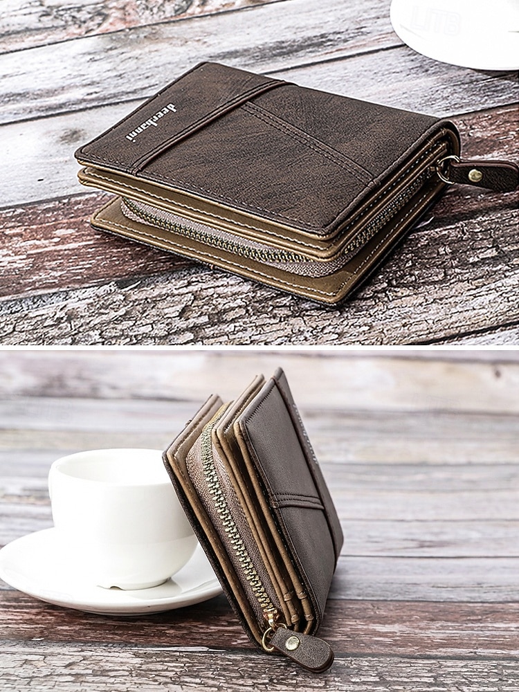 Portafoglio bifold da uomo in similpelle, opzioni multicolore, design multiscomparto di grande capacità con tasca portamonete con cerniera, porta carte sottile in stile casual per l'uso quotidiano e business casual del 2026 a $11.99 –P9