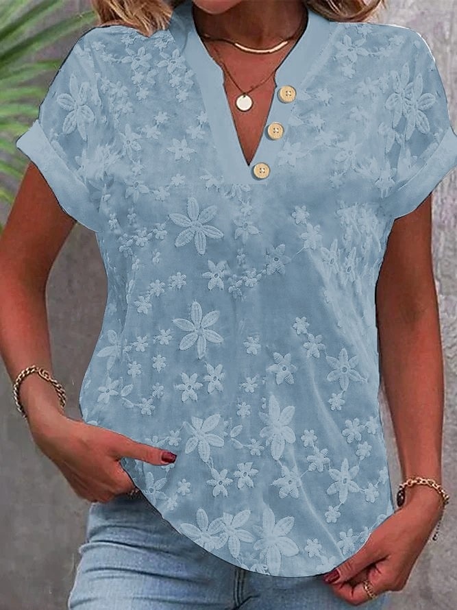 Per donna Maglietta Pizzo Patchwork Semplice Moda Elegante Classico Manica Corta Scollo a V Top Regolari Quotidiano Uscire Weekend Blu Nero Bianco Cachi Estate Primavera del 2026 a $25.99 –P4