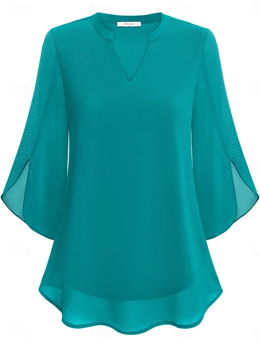 Women's Blouse Solid Color Elegant Stylish Casual 3/4 Length Sleeve V Neck Regular Tops Daily Pink Wine Red Royal Blue Green Summer Spring 2026 - $21.99 –P11