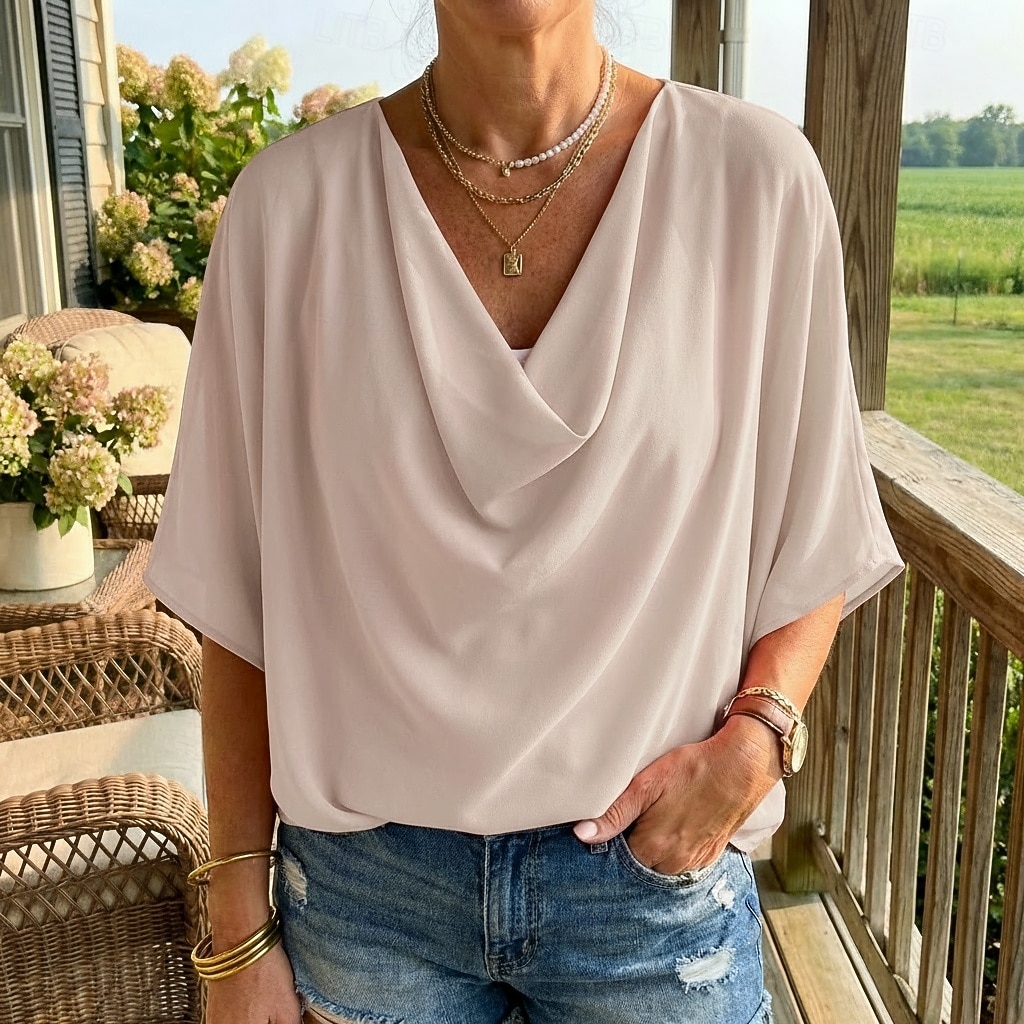 blusa feminina elegante elegante cor sólida franzido manga morcego comprimento 3/4 manga regular tops gola alta trabalho diário preto branco amarelo rosa céu azul verão primavera outono de 2026 por $21.99 –P5