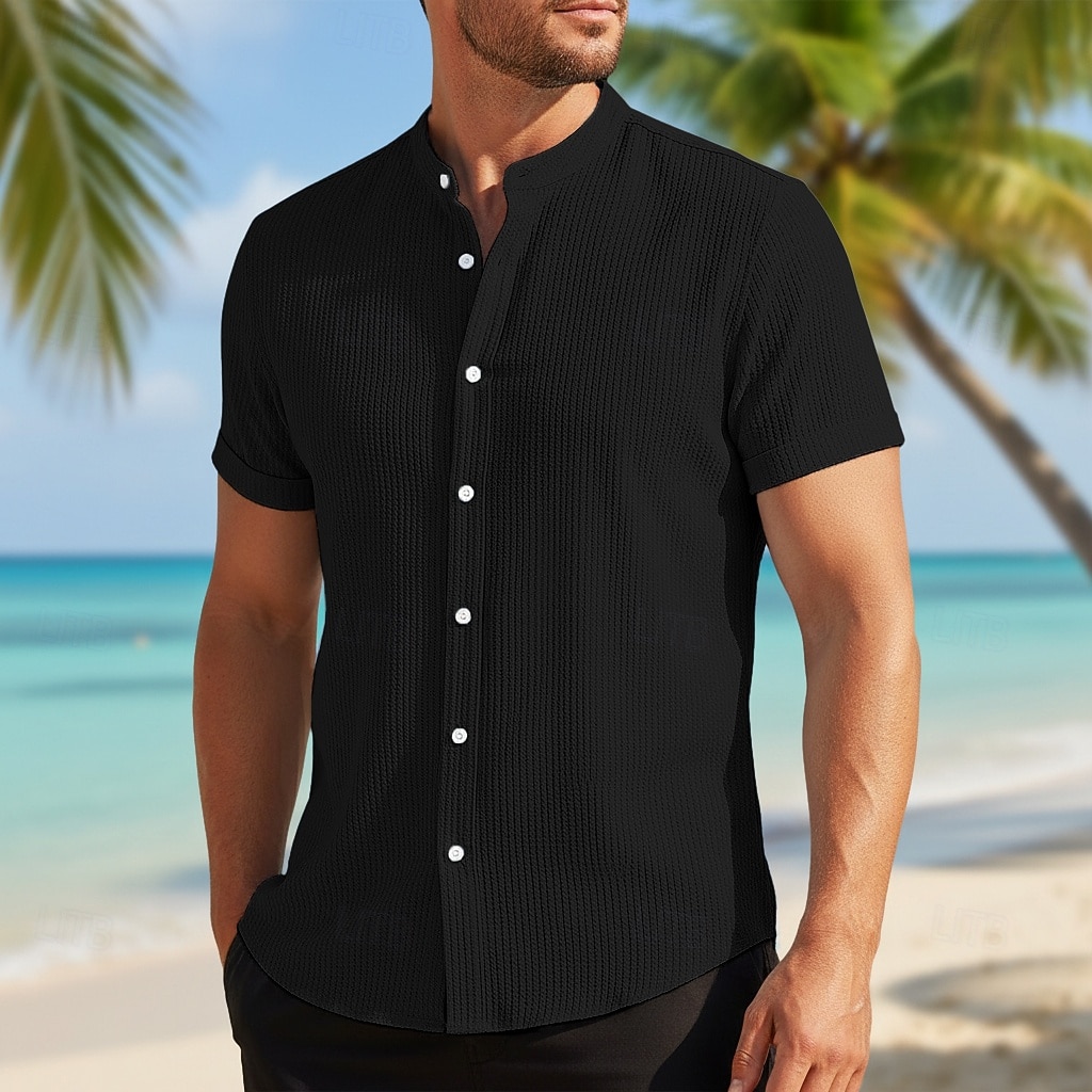 Men's Shirt Summer Shirt Beach Wear Corduroy Shirt Navy Blue Short Sleeve Plain Stand Collar Mandarin Collar Henley Casual Daily Clothing Apparel Fashion Casual Comfortable Smart Casual 2026 - E£1355.38 –P15