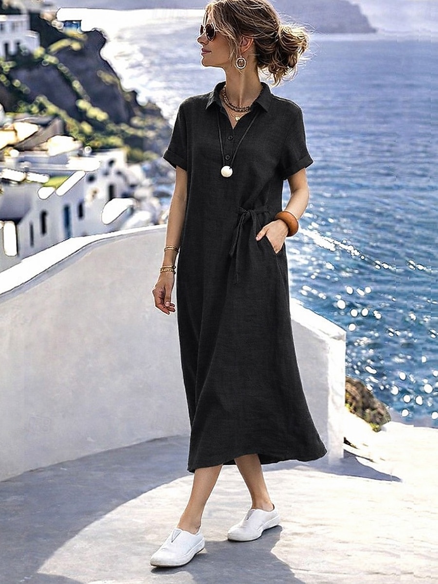 Per donna Abito maxi Abito a trapezio Abito Estivo Casual Quotidiano Vestibilità regolare Semplice Manica Corta Bavero Nero Grigio scuro Verde militare Estate del 2026 a $24.99 –P5