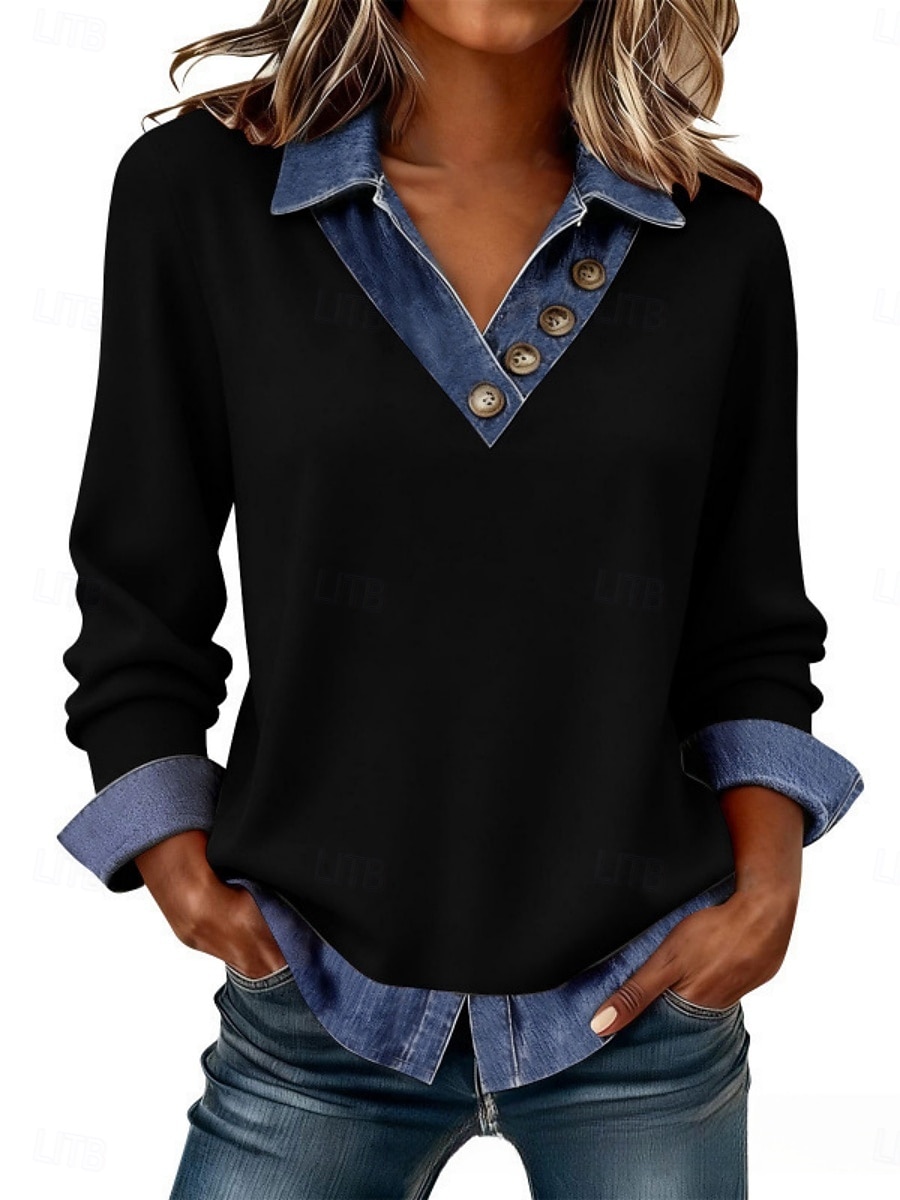 Dames Trui-sweatshirt Lapwerk Knop Effen Casual Lange mouw Revers Normale tops Straat Dagelijks gebruik blauw Zwart Blozend Roze Donkergrijs Abrikoos Lente Herfst Winter 2026 - $36.99 –P3
