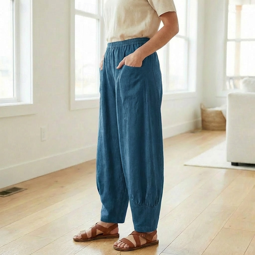 Damen-Leinenhose aus 70 % Leinen, weites Bein, Chino-Stil, Sommerhose, Urlaubshose, Streetwear, Basic, lange Länge, mittlere Bundhöhe, schlicht, Tasche, elastischer Bund, bequem, komfortabel, nicht elastisch, für Alltag, Outdoor, Straße, Bordeauxrot, Azur 2026 - $49.99 –P7
