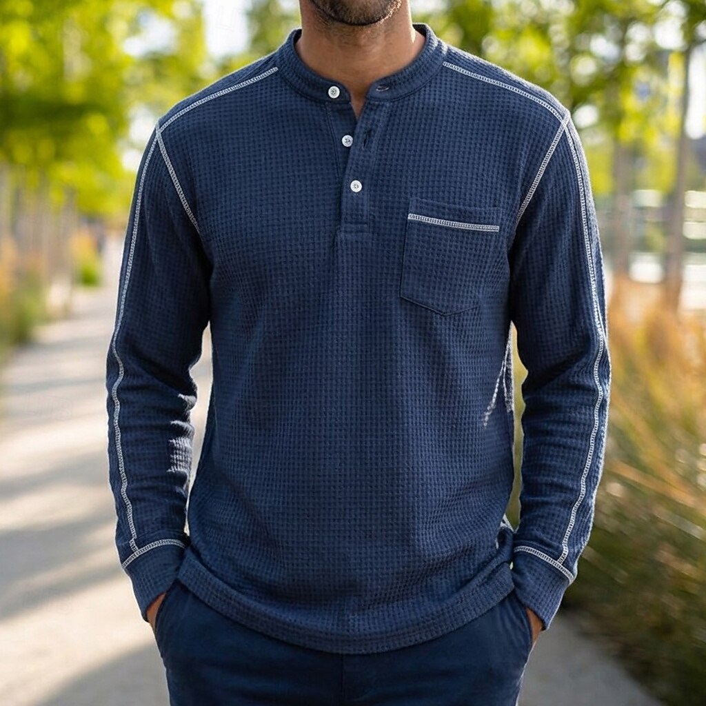 Pánské Vaflové tričko Tričko Waffle Henley košile Dlouhý rukáv Henley Léto Jaro & podzim Celý rok Pevná barva S texturou Na běžné nošení Kapsy Ležérní Domů Venkovní Rubínově červená Top tričko pro 2026 - $22.99 –P6