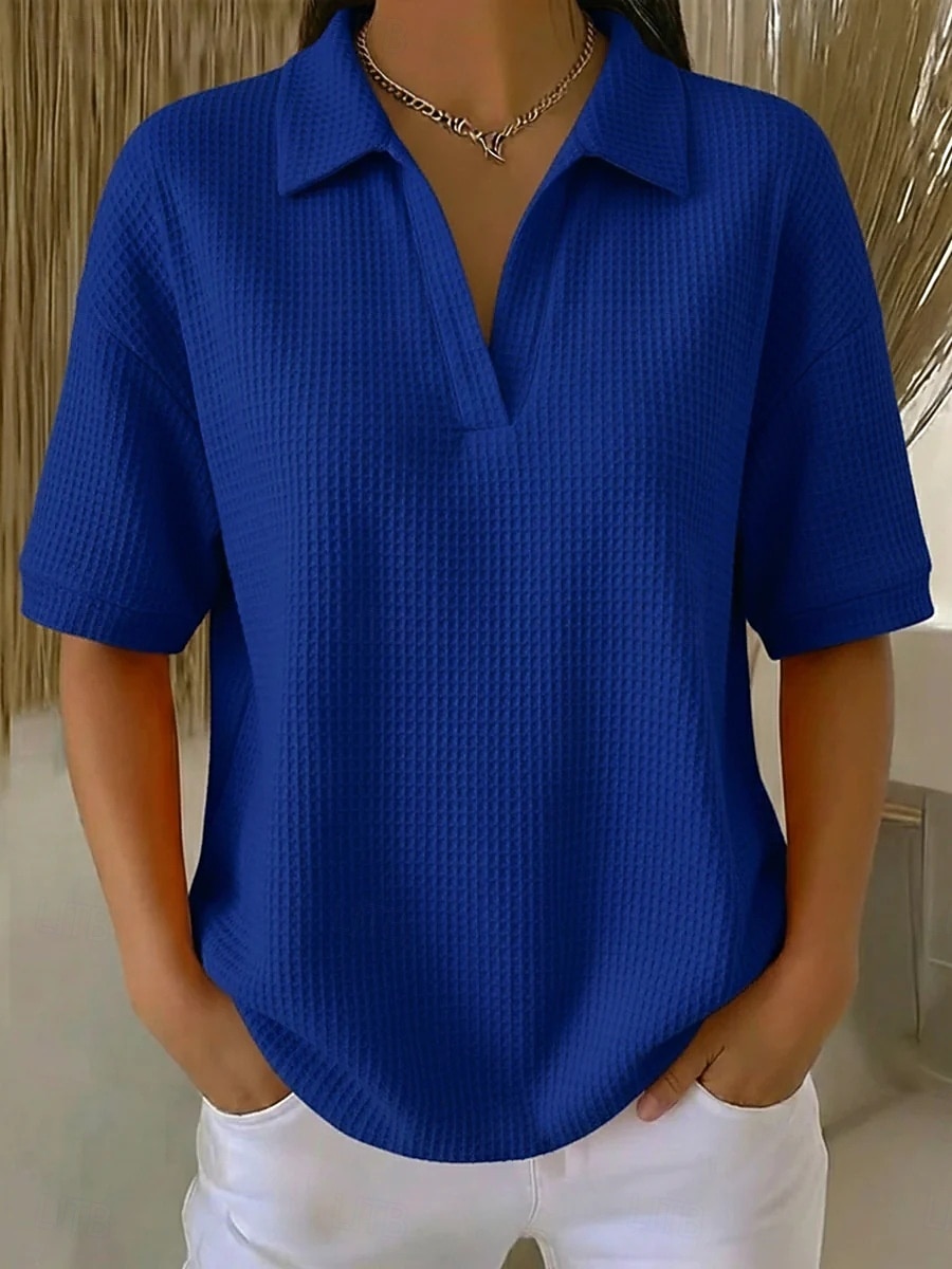 Dámské Tričko Polokošile Trička Vaflově pletené topy Bez vzoru Módní stylové Základní Krátký rukáv Košilový límec Běžné topy Denní Jdeme ven Víkend Vodní modrá Černá Bílá Oranžová Trávová zelená Léto 2026 - $27.99 –P7