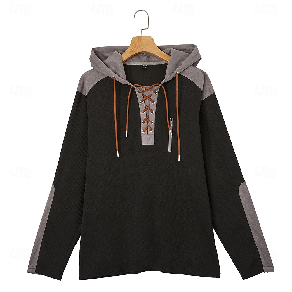 Men's Waffle T-shirt T Shirt Waffle Henley Shirt Long Sleeve Hooded Lace Up Neck Fall Solid Color Textured Traditional / Vintage Drawstring Casual Home Outdoor Light Blue Wine Black Top Tee for Men 2026 - $24.99 –P16