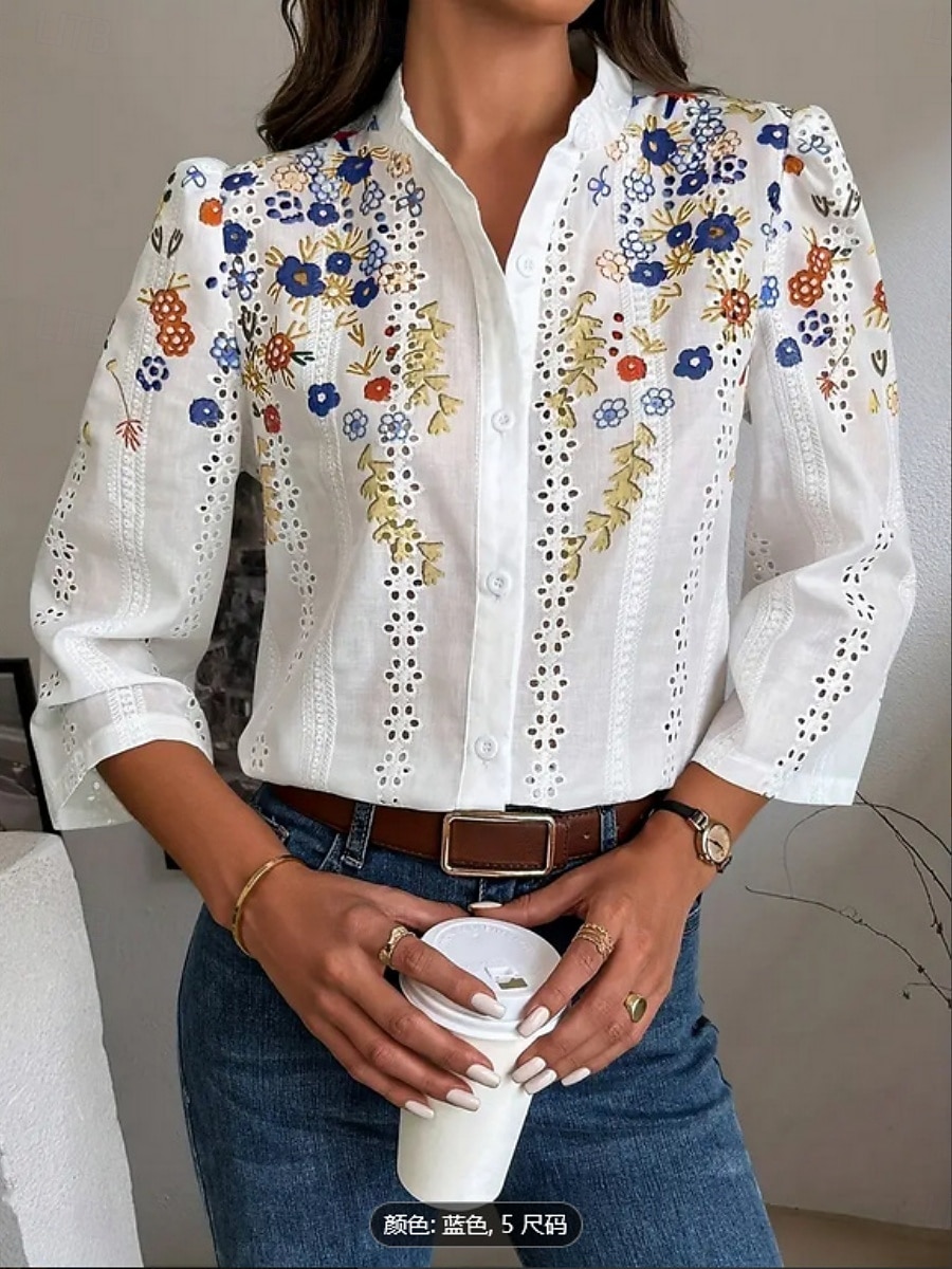 Women's Blouse Embroidered Print Floral Stylish Casual Long Sleeve V Neck Mandarin Collar Regular Tops Daily Blue Red Green Summer Spring Fall 2026 - $35.99 –P3