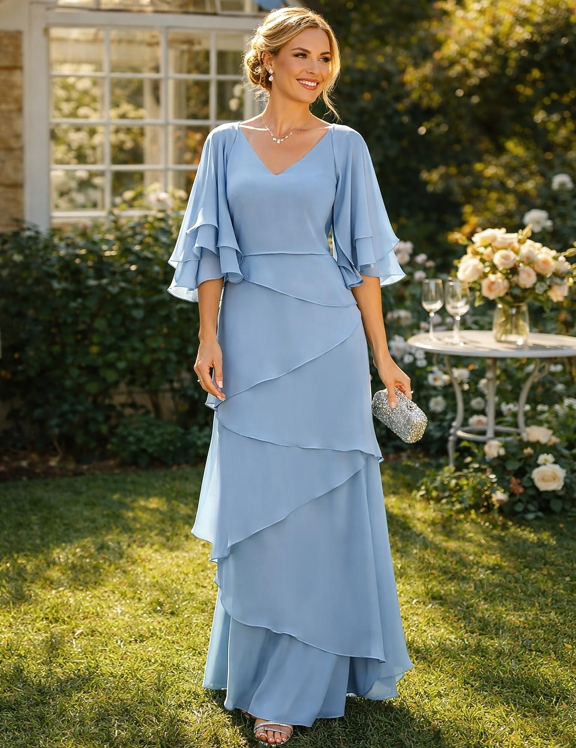 Two Piece A-Line Floor Length Wedding Guest Dress Formal Dresses Tiered  Dress Mother of the