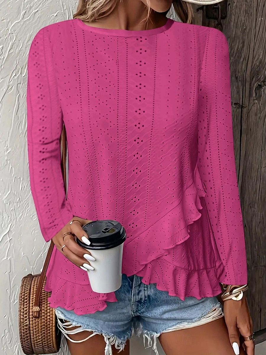 Pasqua Per donna Camicia traforata Top traforato Blusa Volant Traforato Tinta unica Elegante Essenziale Casual Manica Lunga Girocollo Top Regolari Casuale Quotidiano Spiaggia Blu Bianco Giallo Vino del 2026 a $21.99 –P5