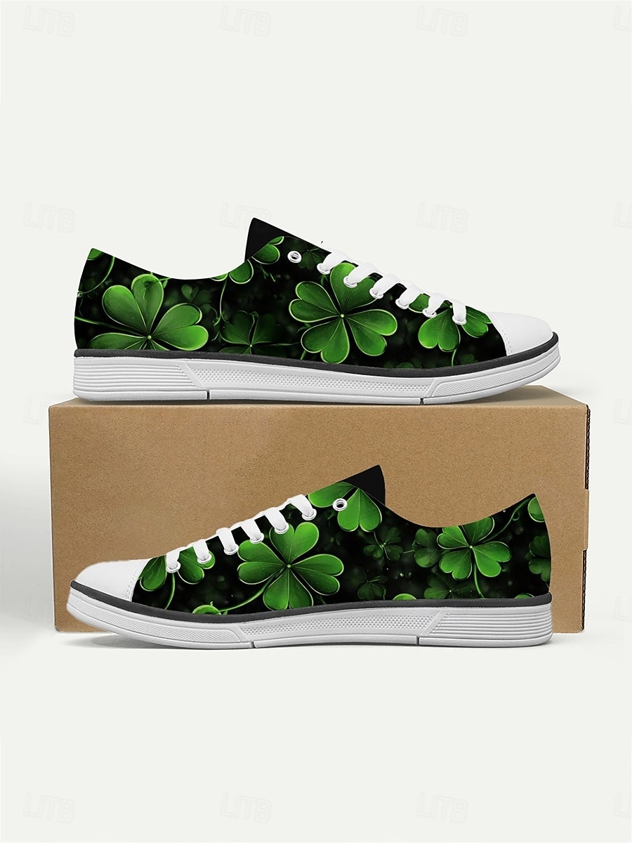Låga sneakers i canvas med grönt klövertryck för dam, St. Patrick's Day - klassiska snörskor för vardagsbruk, irländsk parad, julfest och gatufestival &vardagskläder 2026 - $54.99 –P1