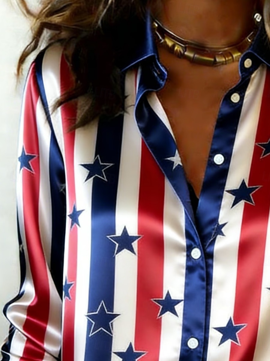 Giorno dell'Indipendenza Americana Per donna Camicia Camicia in raso Camicia button-down Camicia casual Stampato Grafico A righe Classico Casual Manica Lunga Colletto a Camicia Top Regolari del 2026 a $29.99 –P2