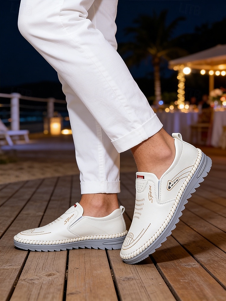 2026年 メンズフェイクレザーリゾートイブニングシューズ、スタイリッシュなホワイトスリッポンローファー、エレガントなイブニングイベントに最適  コレクション – $34.99 –P2