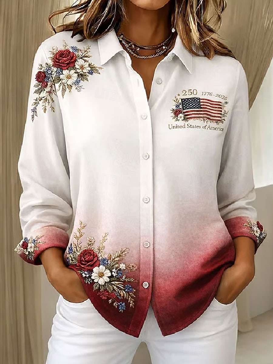 Jour de l'Indépendance Américaine Femmes Chemise Boutons Imprimé Fleuri Graphique Drapeau Élégant ancien Moderne manche longue Col de chemise Hauts Longs Quotidien Travail Bleu Vin Marron Vert Gris de 2026 ? $36.99 –P1