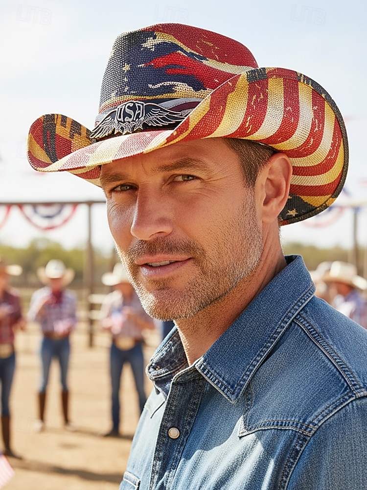 250. výročí Spojených států pánský slaměný westernový klobouk s potiskem vlastenecké vlajky prodyšný tkaný fedora styl v několika designech festivalové prázdninové a volnočasové nošení 2026 - $29.99 –P2