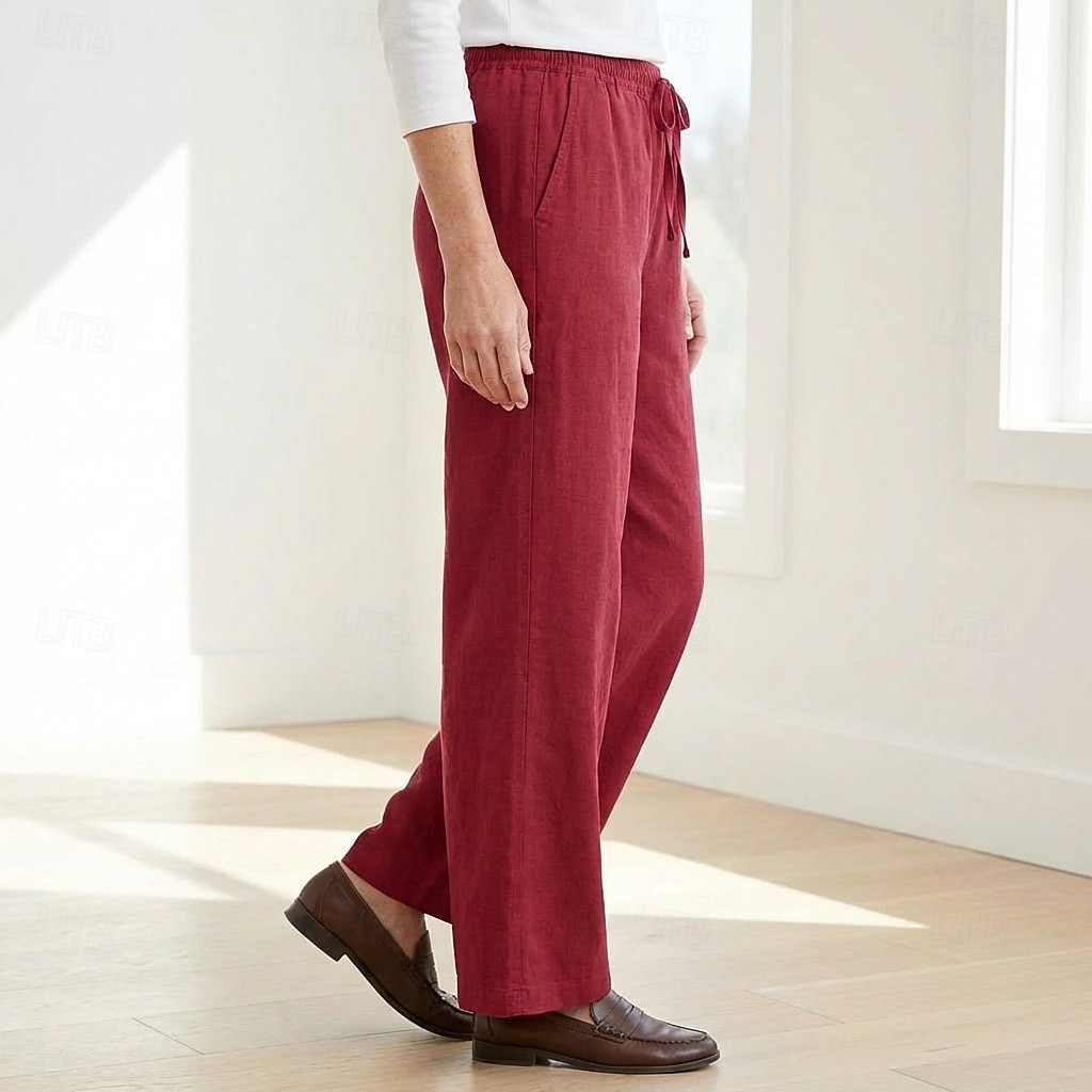 70% Linen Women's Linen Pants Culottes Wide Leg Wide Leg Chinos Vacation Streetwear Basic Full Length Medium Waist Plain Drawstring Pocket Comfort Inelastic Daily Outdoor claret Deep Green 2026 - $49.99 –P3