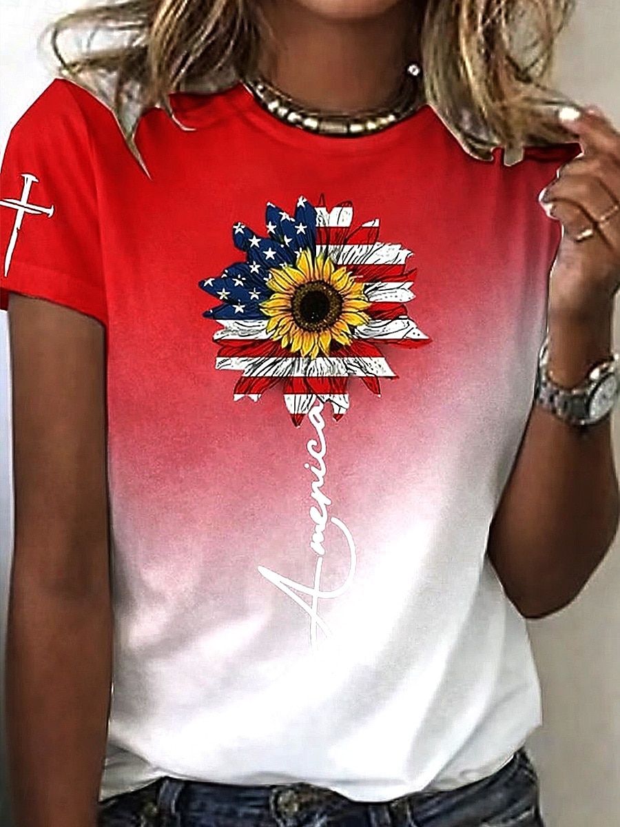 Патриотическая майка ко Дню независимости Женская футболка графический флаг винтажный стильная классическая с коротким рукавом круглый вырез обычная футболка повседневная выходные печать синий 2026 - $22.99 –P5