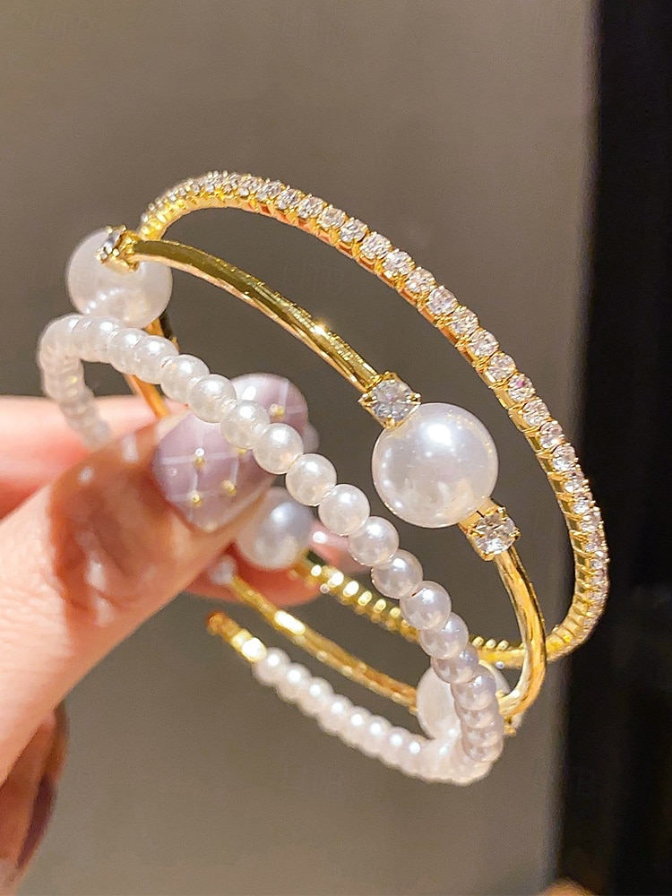 Armbåndssett med tre lag i kunstperlelegering til dame, stablebare armbånd i gull og sølv med elegante perler og krystalldetaljer, vintage brudesmykker til bryllup, kveldsfester og formelle arrangementer 2026 - $7.99 –P4