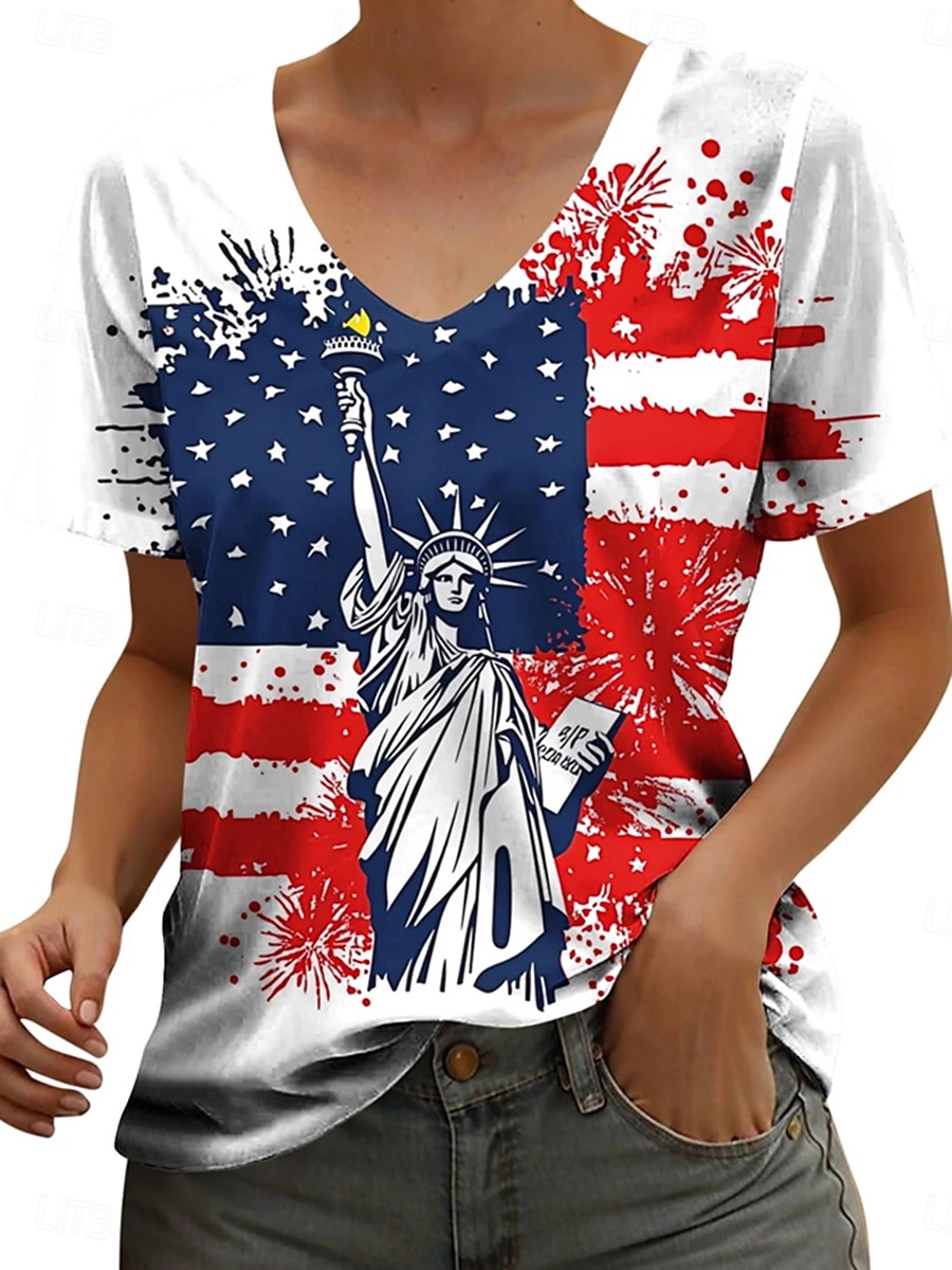 חולצת טי פטריוטית ליום העצמאות נשים גרפית דגל אמריקאי אופנתית קלאסית קז'ואל עם שרוול קצר צווארון V טופים רגילים הדפסה יומית אדום סגול ירוק קיץ אביב 2026 - $21.99 –P2