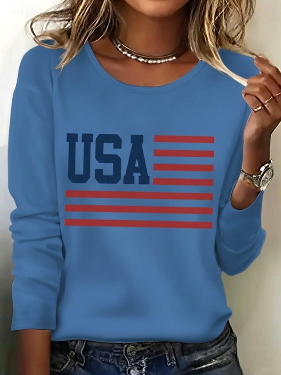 Ημέρα Ανεξαρτησίας Πατριωτικό Γυναικείο T-Shirt Εκτύπωση Γραφικό Σημαία Αμερικανικής Σημαίας Μοδάτο Κλασικό Καθημερινό Μακριά Μανίκια Crew Neck Κανονικά Tops Καθημερινό Μπλε Μαύρο Λευκό Κόκκινο 2026 - $24.99 –P6
