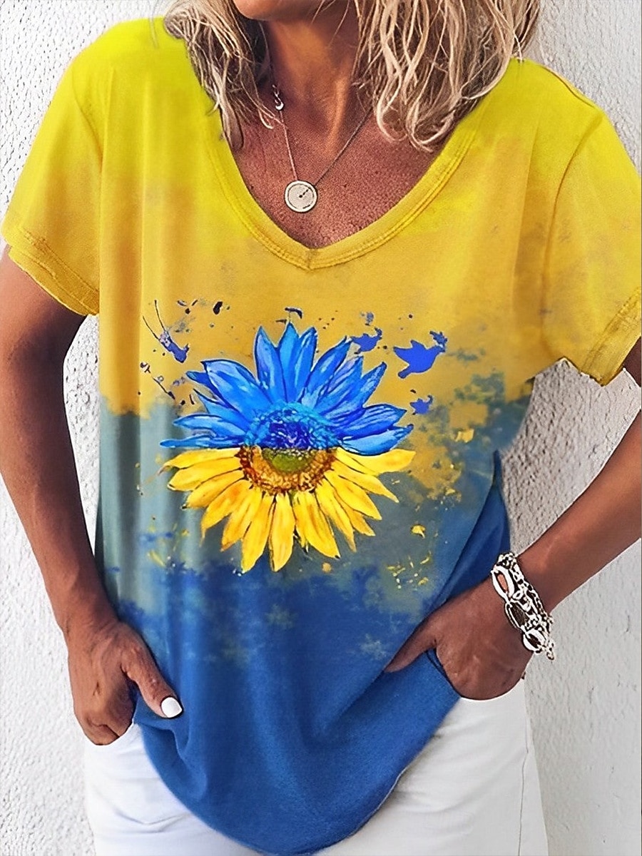 Per donna Maglietta Blocco di colore Stampato Floreale Grafico Vintage Elegante Classico Manica Corta Scollo a V Top Regolari Quotidiano Blu Giallo Estate Primavera del 2026 a $21.99 –P1