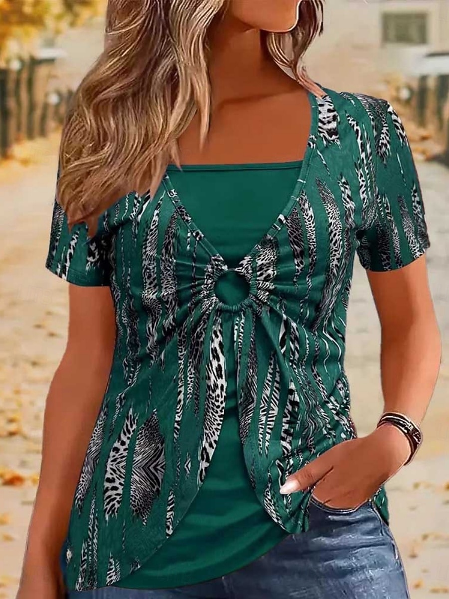 Mujer Camiseta Camiseta superior Retazos Estampado Bloque de color Moda Elegante Casual Manga Corta Cuello Barco Tops regulares Diario Noche Fin de semana Azul Piscina Negro Vino Verde Trébol Café 2026 - $22.99 –P5