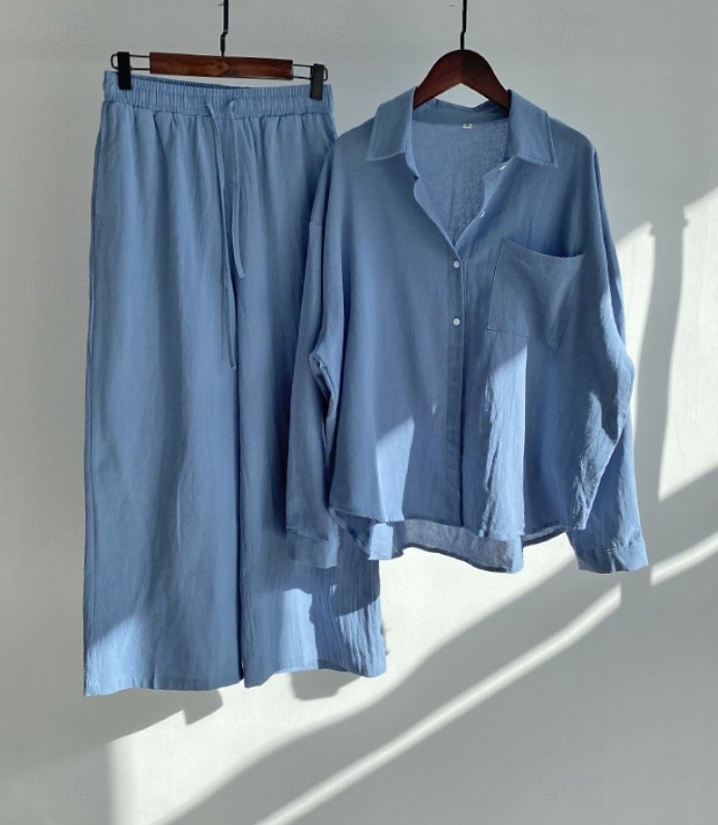 Damen Baumwoll-Leinen Hosen Sets Bolero Oberteil Langarm Hemd Kragen Einfarbig Mode Streetwear Lässig Alltag Draußen Blau Schwarz Weiß Sommer Lockerer Schnitt 2026 - $41.99 –P9