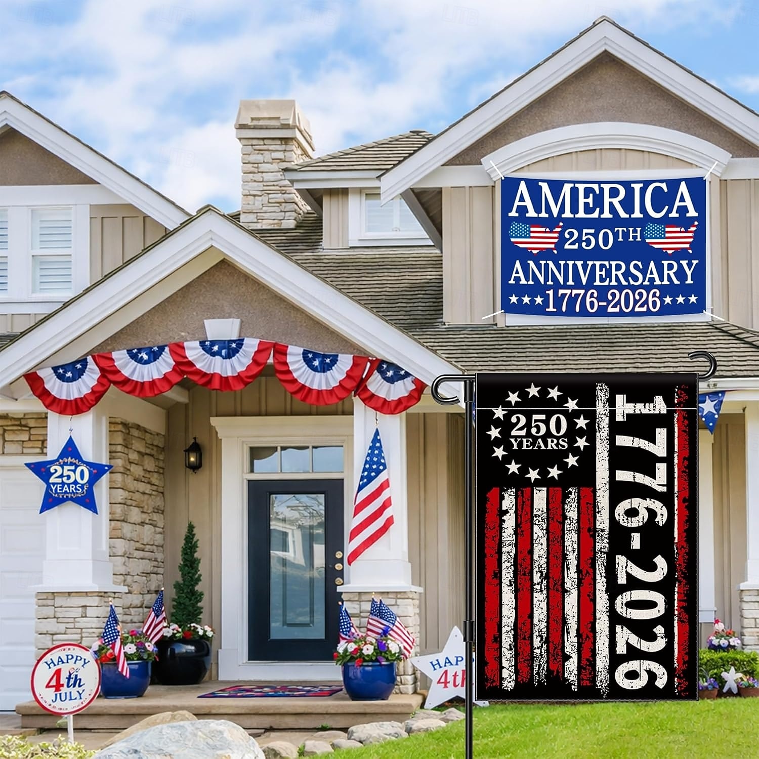 Banner de grădină vintage cu steagul american, aniversare de 250 de ani a SUA (1776-2026), cu design roșu, alb și negru, pentru decor exterior 2026 - $11.99 –P5