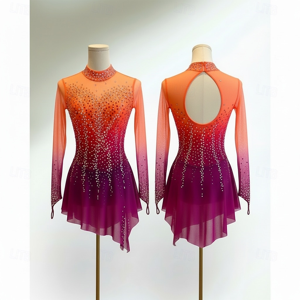 Figure Skating Dress Women's Ice Skating Dress Fuchsia Patchwork Open Back Stretchy Training Competition Skating Wear Classic Crystal / Rhinestone Long Sleeve Ice Skating Figure Skating 2026 - $298.69 –P1