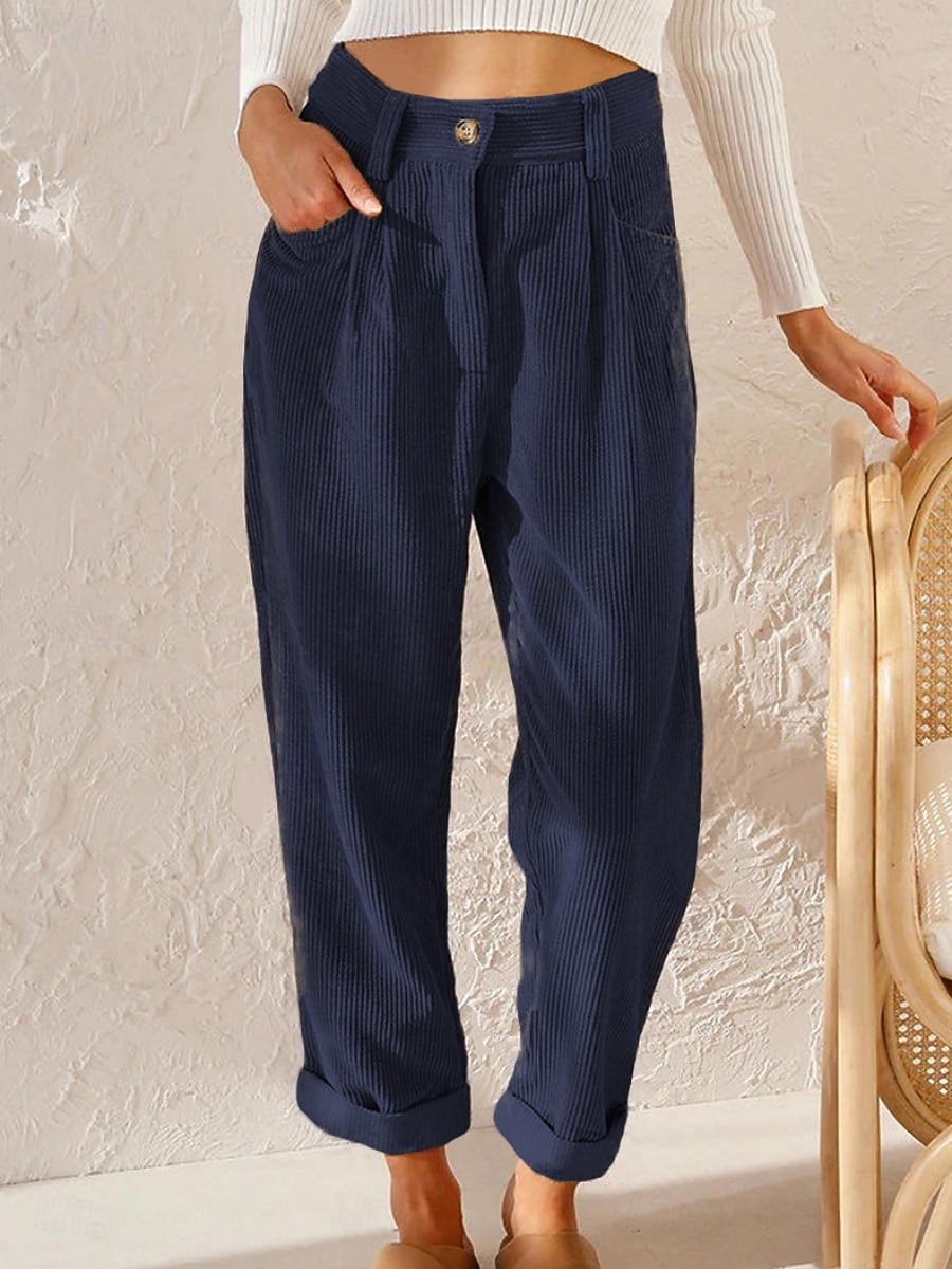 Dames Broek Corduroybroek Vrijetijdsbroek Recht Modieus Streetwear Basic Volledige lengte Hoge taille Effen Zak Comfortabel Inelastisch Dagelijks Vakantie Straat Zwart Wit Marineblauw Oranje Lente 2026 - $22.99 –P12