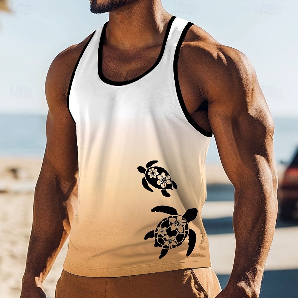 Camiseta sin mangas con estampado de tortuga marina, flor de hibisco, estilo hawaiano tropical, estilo náutico, degradado, cuello en U, para verano, playa, vacaciones, surf, ropa informal, tallas S, 2026 - $17.99 –P2