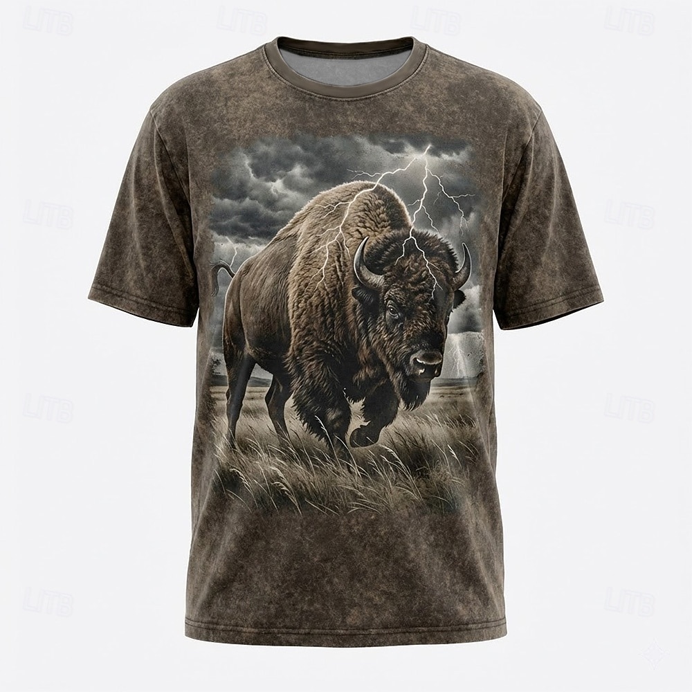 Maglietta da uomo vintage con grafica 3D, motivo bisonte e bufalo, a maniche corte, marrone, con stampa animalier, abbigliamento s m l xl xxl xxxl del 2026 a $21.99 –P1