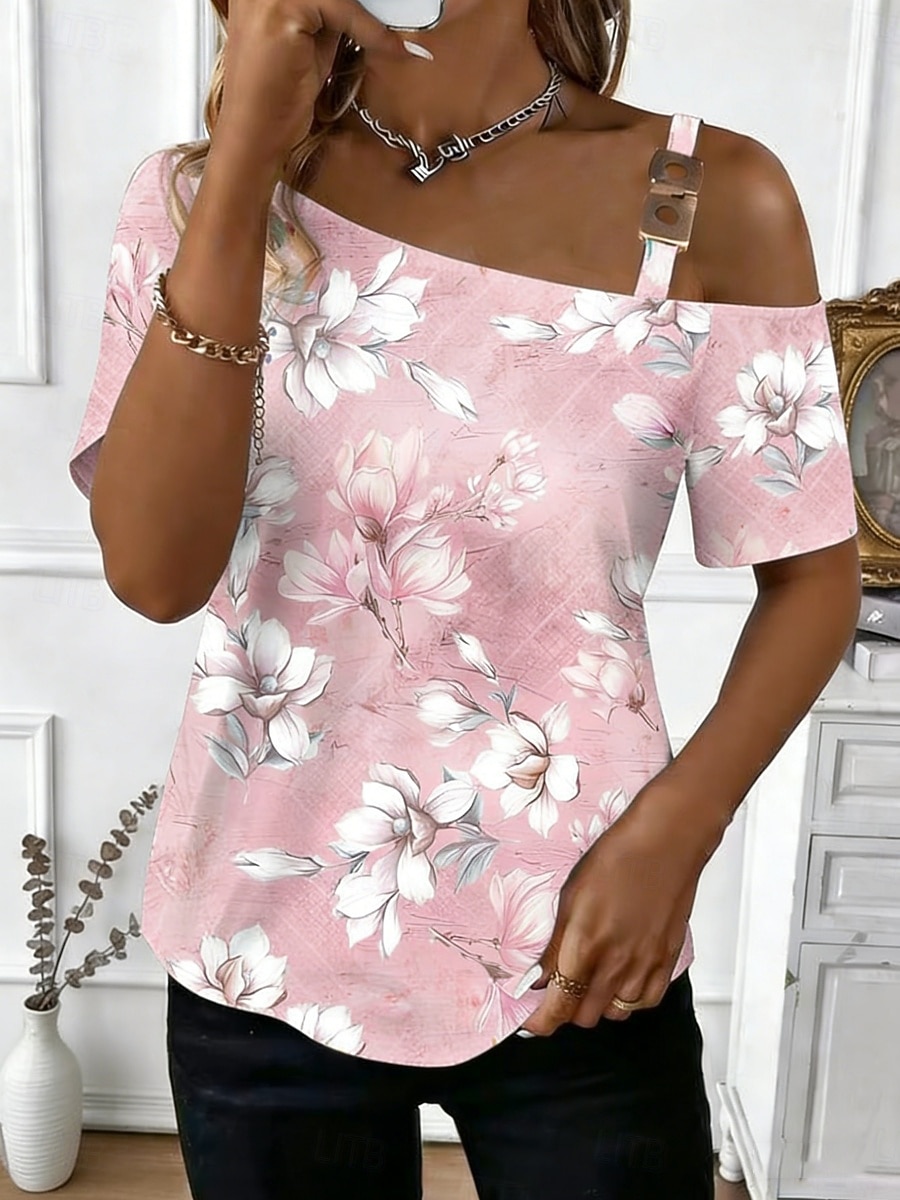 Mulheres Camiseta T-shirt Imprimir Floral Gráfico à moda Clássico Casual Manga Curta Pescoço Assimétrico Tops regulares Diário Para Noite Final de semana Verde Claro Rosa Laranja Verde Cinzento Verão de 2026 por $23.99 –P1
