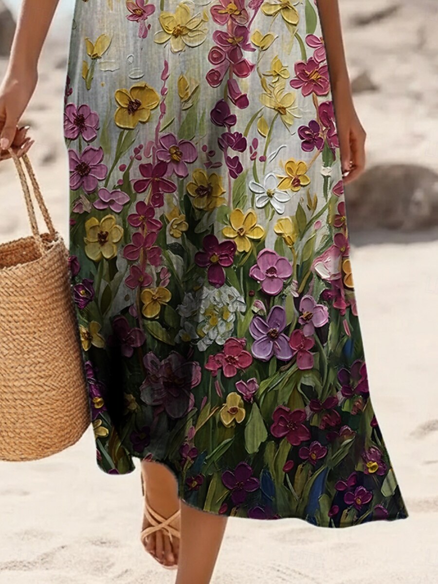 Women's Midi Dress Faux Cotton Linen Shift Dress Sundress Casual Dress Vintage Daily Outdoor Vacation Regular Fit Floral Sleeveless Crew Neck Purple Summer Spring 2026 - $37.99 –P3