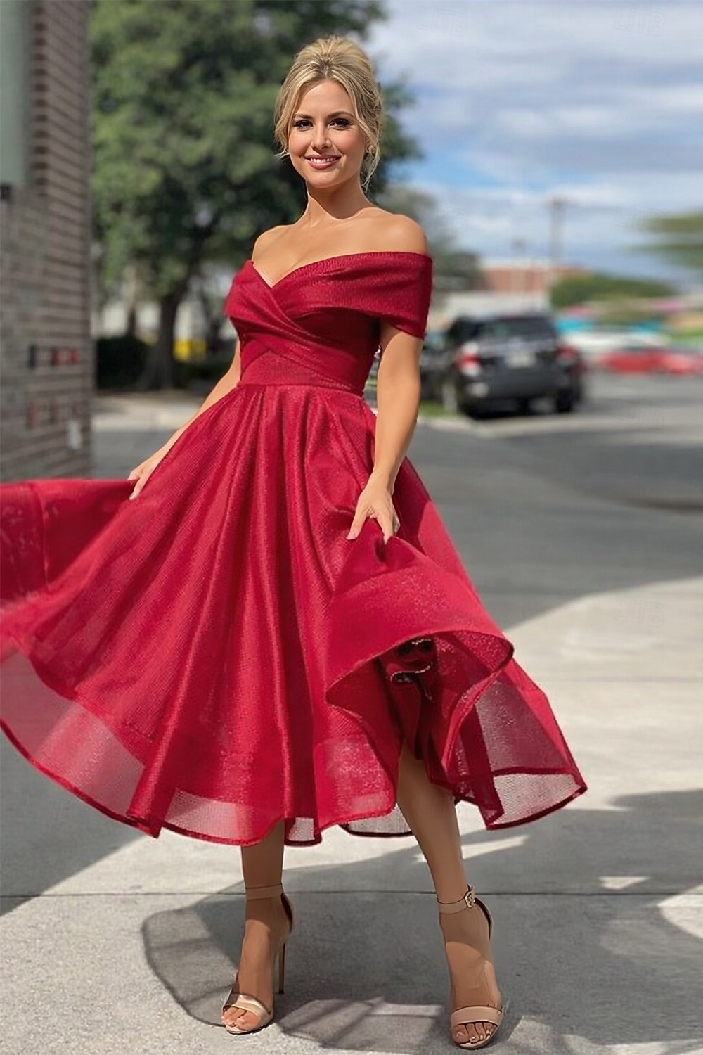 Linea ad A Lunghezza Tè Abiti da Cocktail Abiti da festa Vintage Anni 1950 Senza Maniche Senza Spalle Ospite di nozze Tulle con Pieghe del 2026 a $142.99 –P4