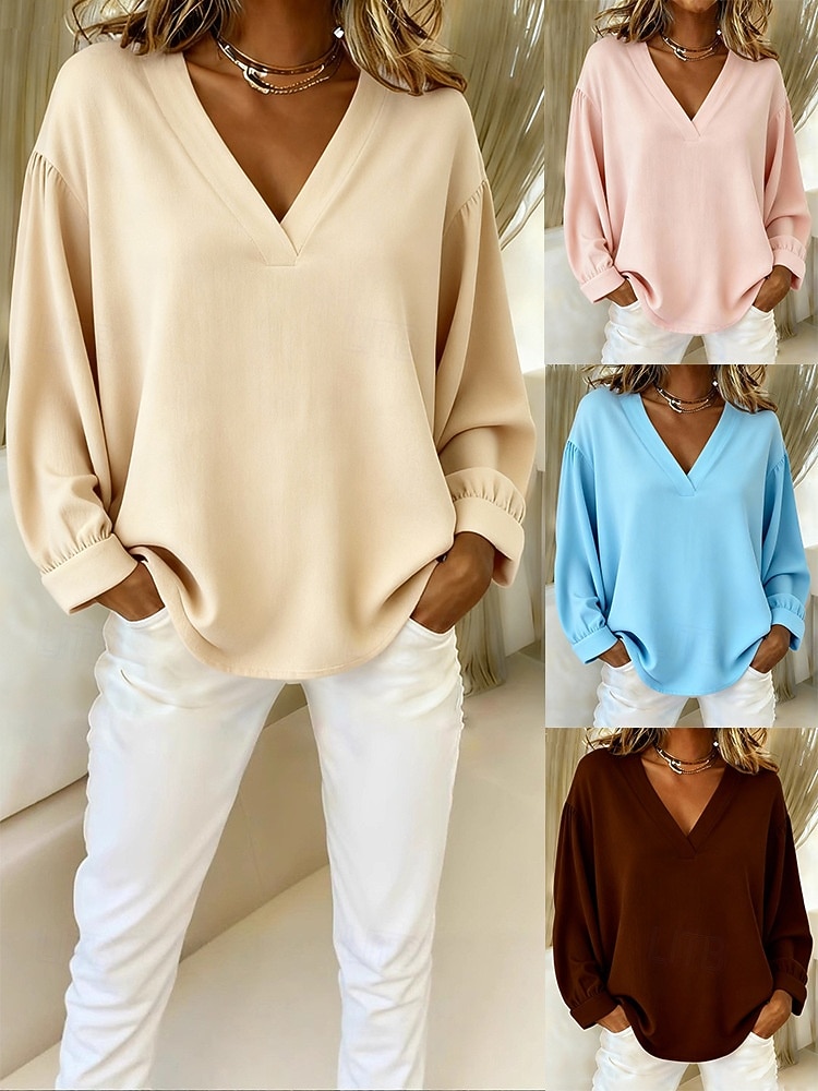 Mulheres Blusa Camisa de algodão Côr Sólida Diário à moda Básico Manga Longa Decote V Tops regulares Diário Azul Rosa Marron Bege Primavera Outono de 2026 por $21.99 –P1