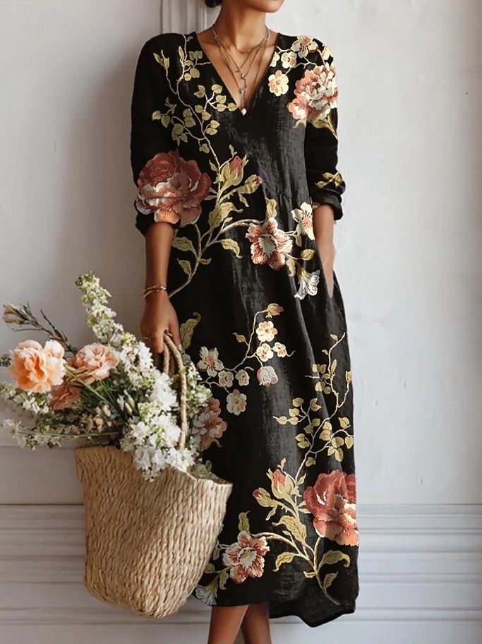 Vestido Midi de Mujer de Lino Como Vestido de Verano Vestido Casual Fiesta Vacaciones Corte Suelto Gráfico Floral Manga Larga Cuello en V Negro Rosa Verde Verano Primavera 2026 - $41.99 –P3
