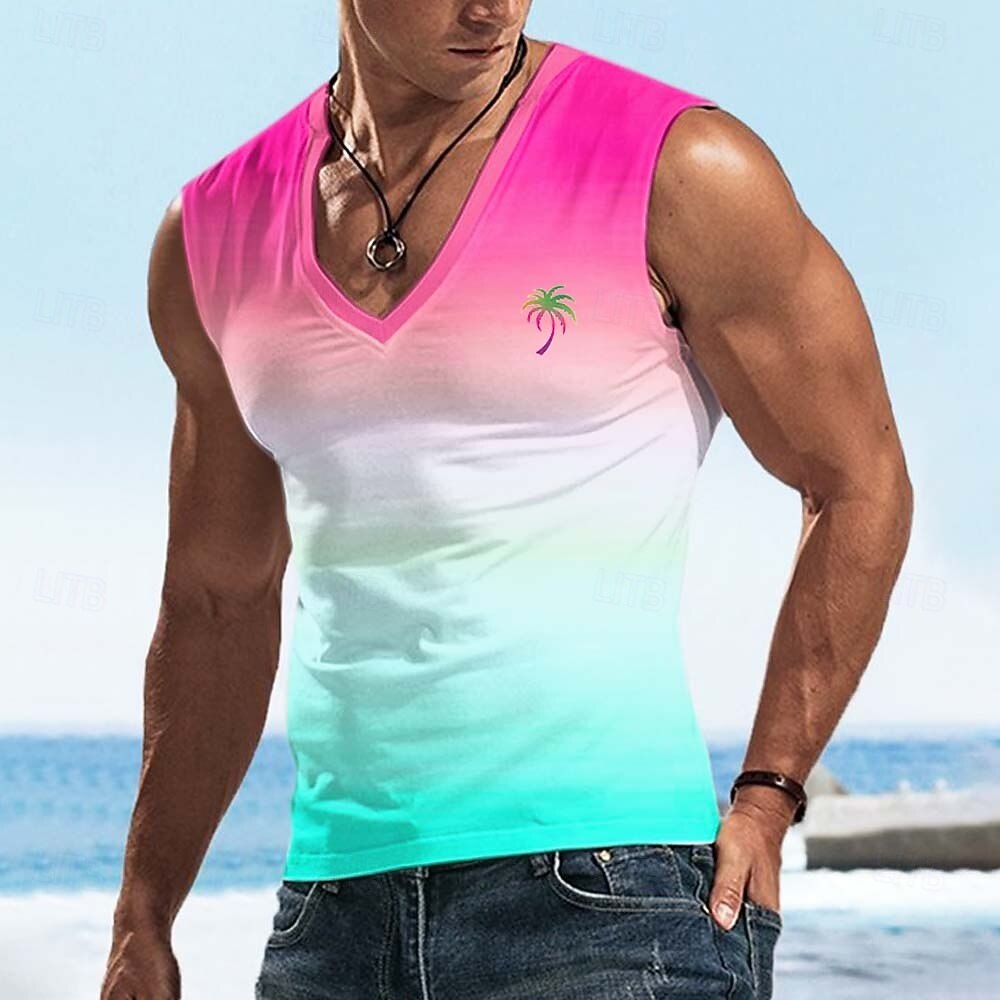 Men's Ombre Coconut Palm T Shirt Sleeveless T shirt 3D Print V Neck Shirt Tropical Outdoor Vacation Hawaiian Blue Red Purple Summer Spring Clothing Apparel S M L XL XXL XXXL 2026 - $17.99 –P2