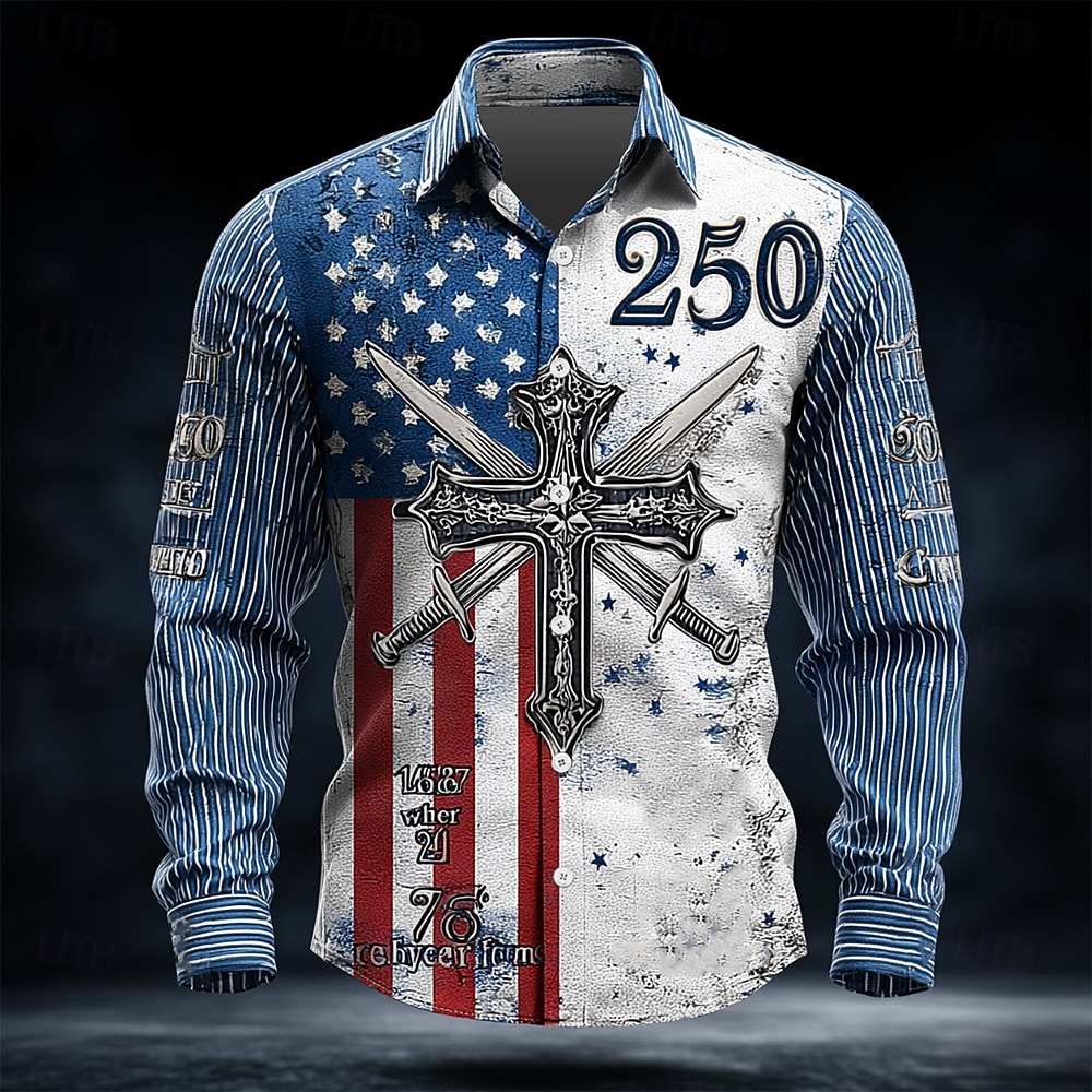 Camicia da Uomo U.S. 250° Anniversario Cross Bandiera Statunitense Camicia Button Up Manica Lunga Vintage Retro Vacanza Casual Quotidiana Primavera Autunno Collo A Rivolto Camicie Stampate 3D Blu del 2026 a $27.99 –P1