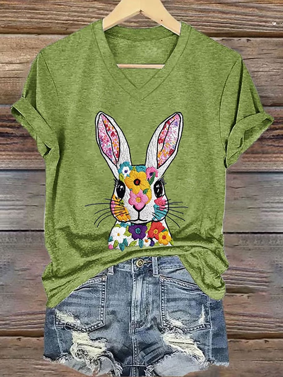 Pâques Femmes T-shirt Imprimé Fleuri Graphique Animal Élégant Classique Occasionnel Manche Courte Col en V Hauts Réguliers Quotidien Bleu Blanche Rose Claire Vert Été Printemps de 2026 ? $21.99 –P1