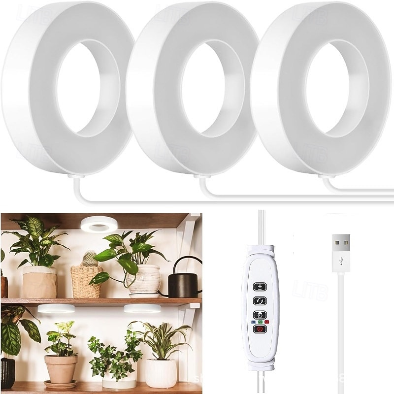 Luminária de cultivo LED circular com 1/2/3/4 LEDs, 48 LEDs, temporizador de 3/9/12 horas, 3 modos de cor, brilho ajustável, alimentação USB 5V, ideal para plantas de interior, hidroponia, hortaliças de 2026 por $12.49 –P1