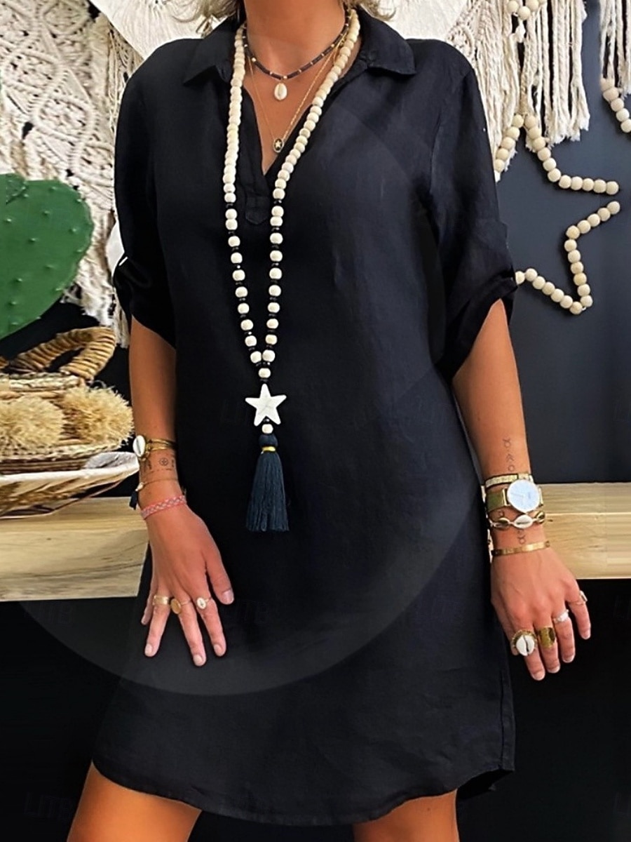 Damskie Sukienka do kolan Sukienka koszulowa Codzienne sukienki Sukienka bawełniana Moda Nowoczesny Na zewnątrz Urlop Wyjściowe Regularny Równina Krótki rękaw W serek Niebieski Czarny Biały Czerwony 2026 - $21.99 –P2